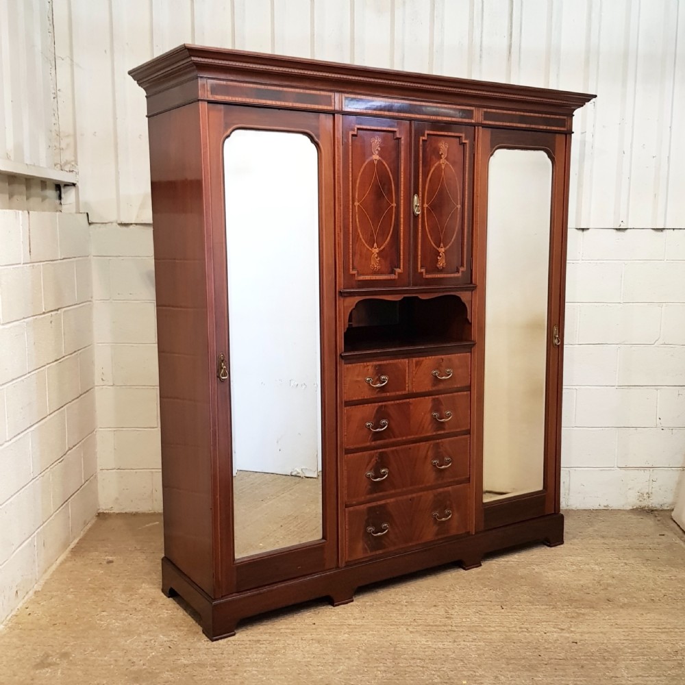 ANTIQUE EDWARDIAN INLAID MAHOGANY TRIPLE WARDROBE C1900 View VII