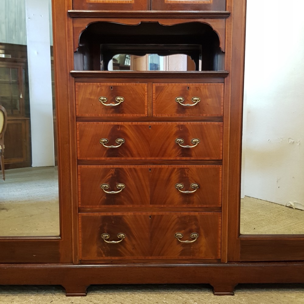 ANTIQUE EDWARDIAN INLAID MAHOGANY TRIPLE WARDROBE C1900 View VIII