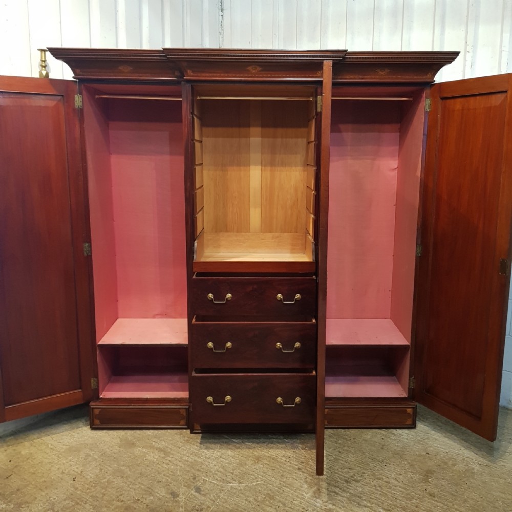 ANTIQUE LATE VICTORIAN REGENCY INLAID MAHOGANY TRIPLE BREAKFRONT WARDROBE C1890 View X