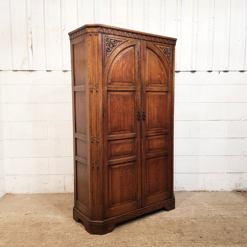 ANTIQUE SMALL CARVED OAK DOUBLE WARDROBE C1920 View II