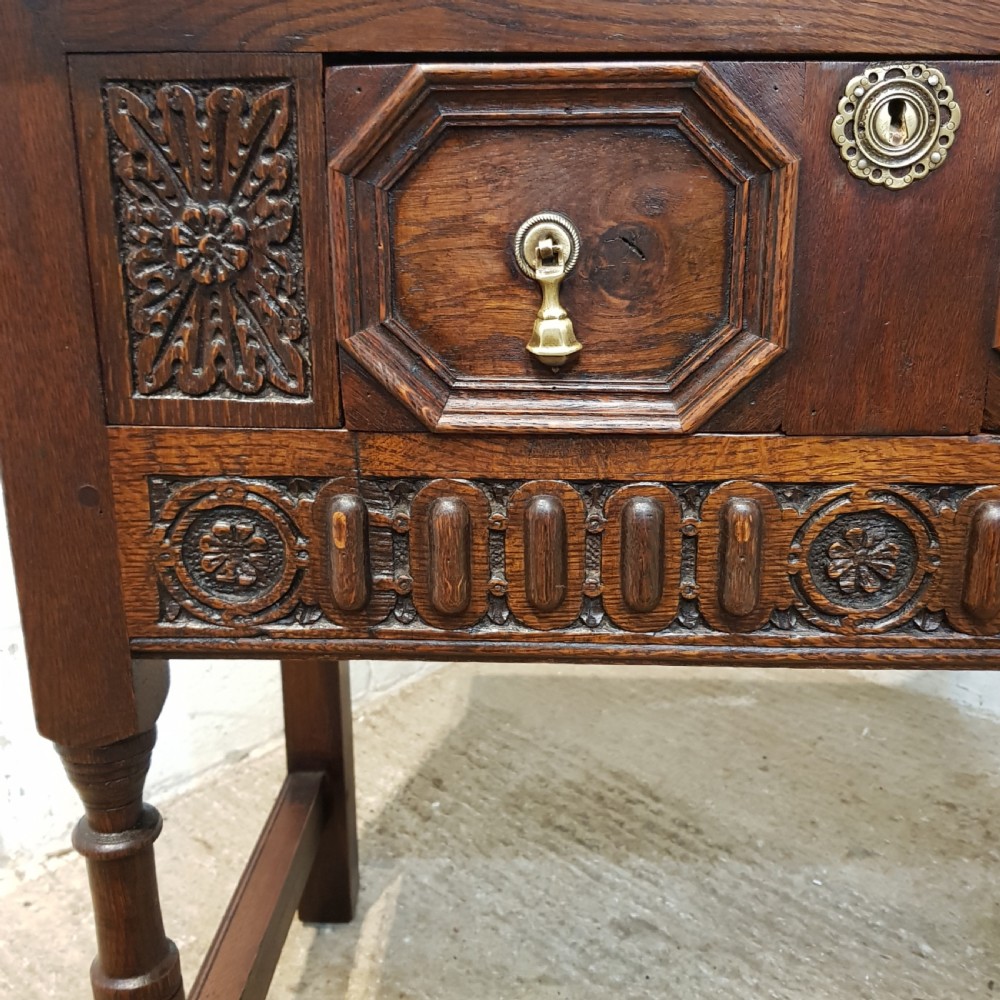 ANTIQUE SOLID  CARVED OAK SIDE TABLE C1920 View III