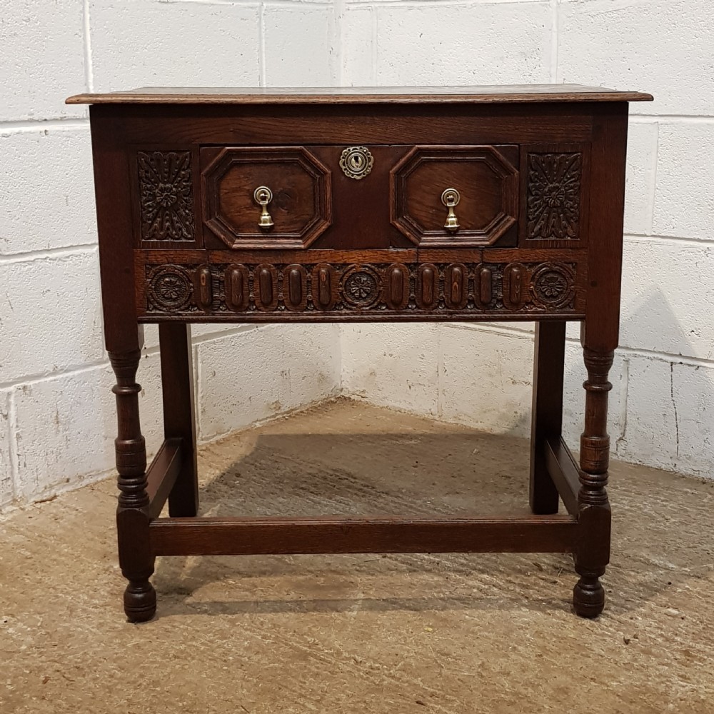 ANTIQUE SOLID  CARVED OAK SIDE TABLE C1920 View V