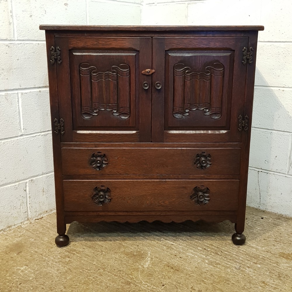 ANTIQUE CARVED OAK LINEN FOLD TALLBOY C1920 View VII