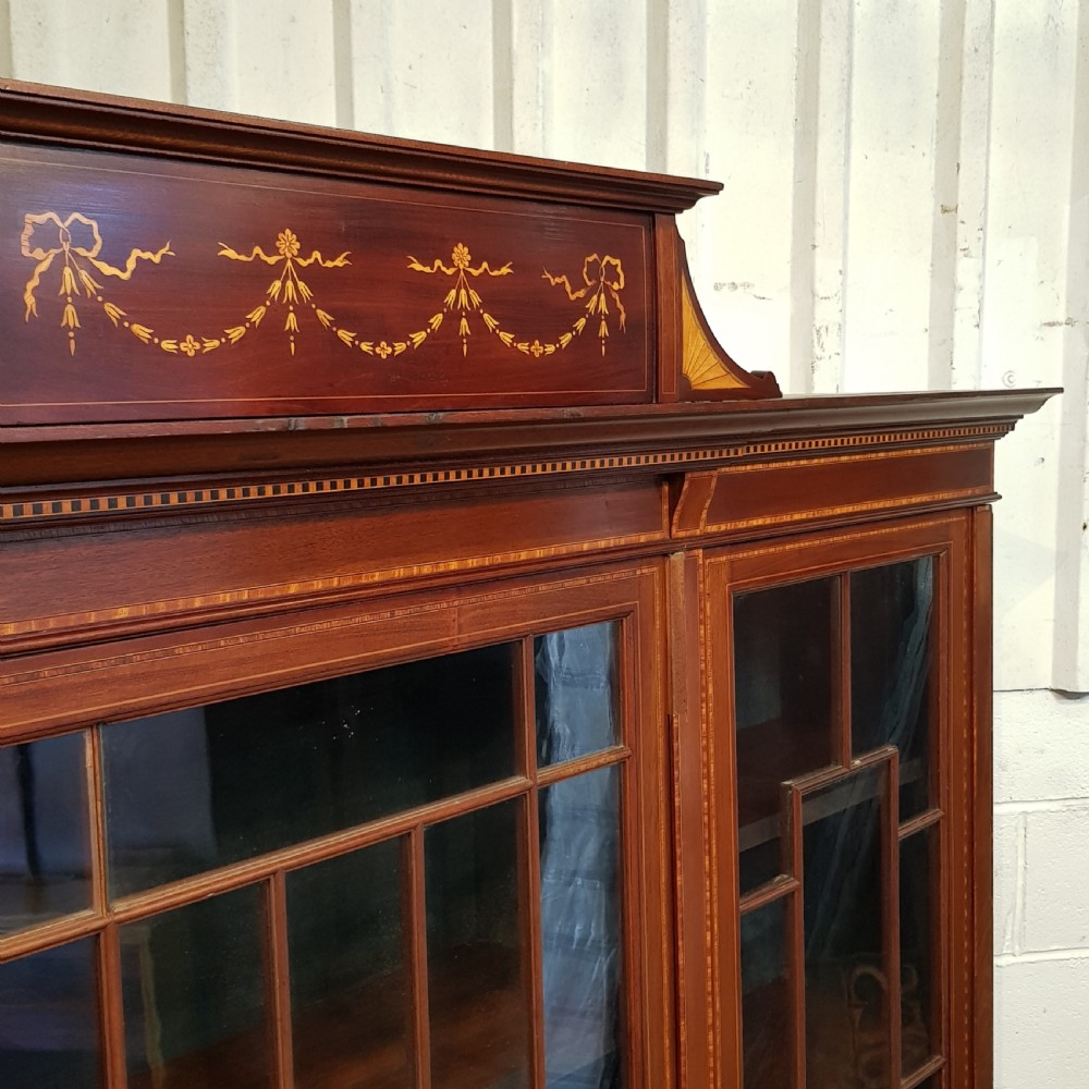 ANTIQUE EDWARDIAN LARGE INLAID MAHOGANY ASTRAGAL GLAZD BOOKCASE C1900 View II