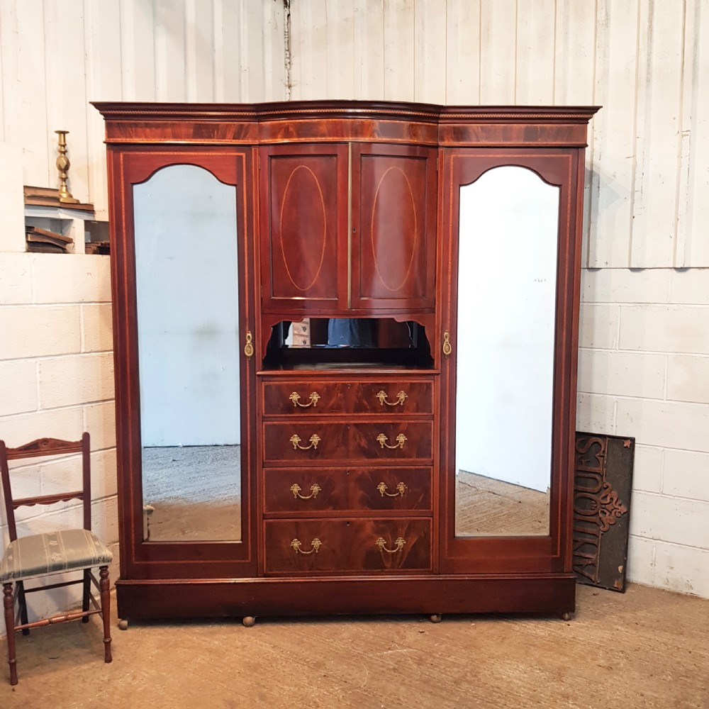 ANTIQUE LATE VICTORIAN INLAID MAHOGANY TRIPLE WARDROBE C1890