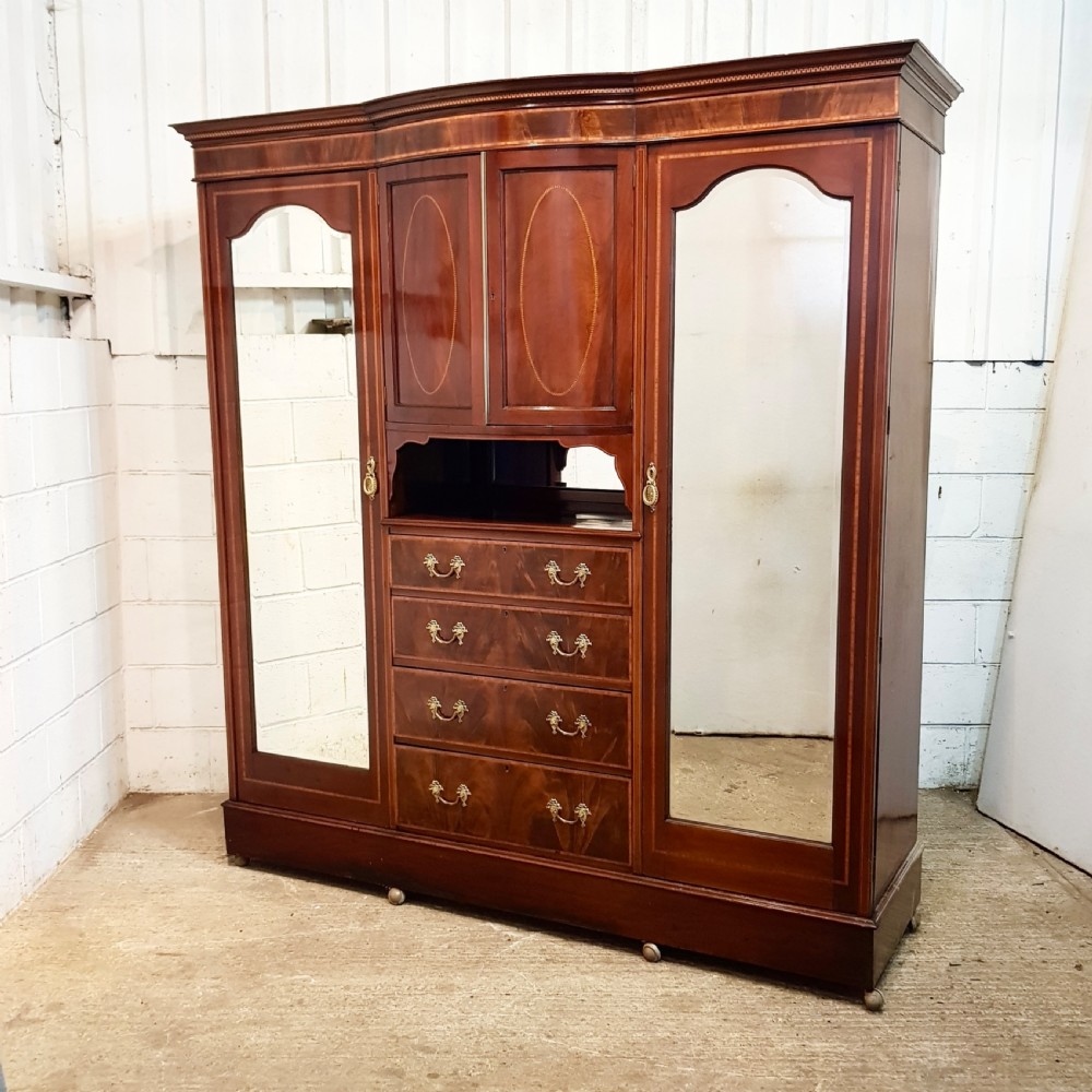 ANTIQUE LATE VICTORIAN INLAID MAHOGANY TRIPLE WARDROBE C1890 View II