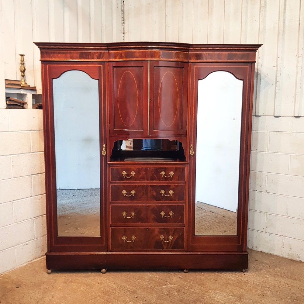 ANTIQUE LATE VICTORIAN INLAID MAHOGANY TRIPLE WARDROBE C1890 View IV