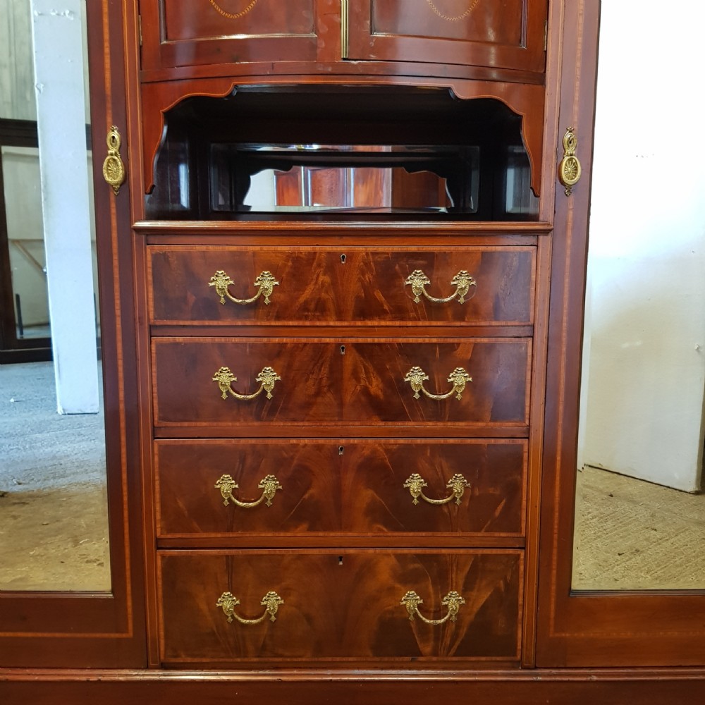 ANTIQUE LATE VICTORIAN INLAID MAHOGANY TRIPLE WARDROBE C1890 View VII