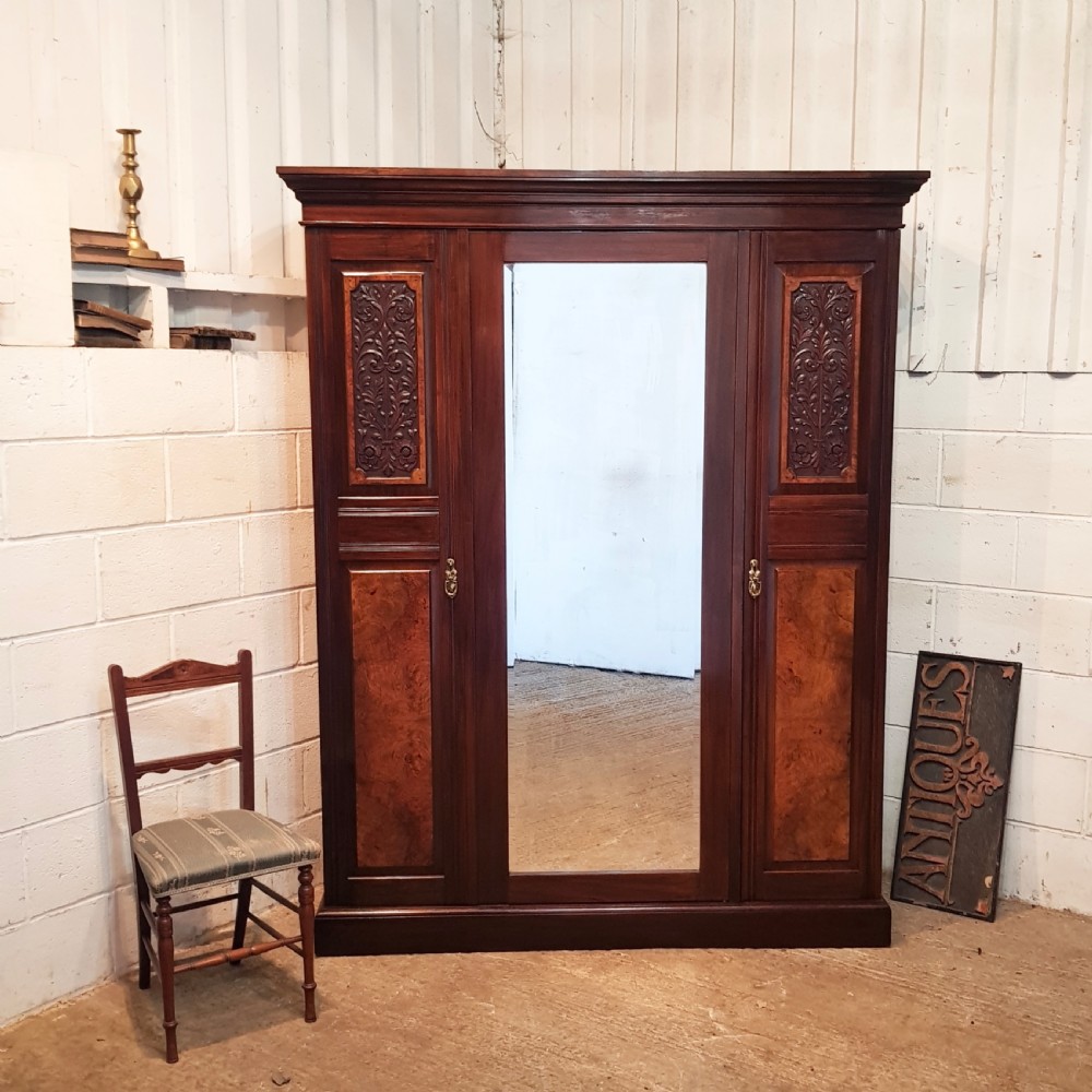 ANTIQUE SMALL EDWARDIAN ART NOUVEAU MAHOGANY & WALNUT TRIPLE WARDROBE C1900