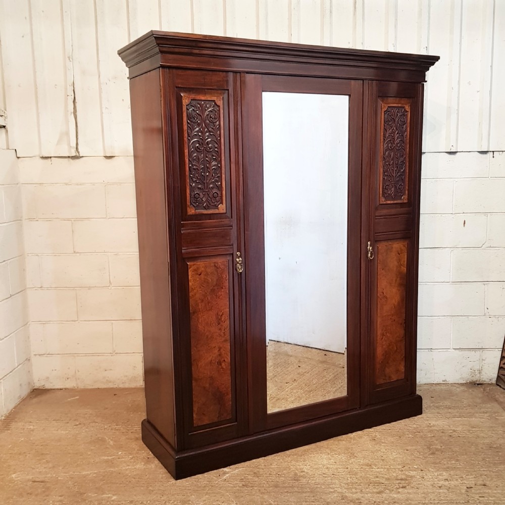 ANTIQUE SMALL EDWARDIAN ART NOUVEAU MAHOGANY & WALNUT TRIPLE WARDROBE C1900 View II