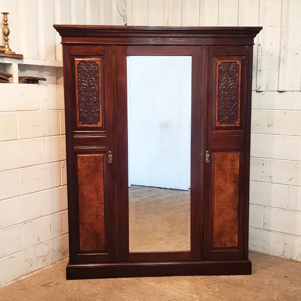 ANTIQUE SMALL EDWARDIAN ART NOUVEAU MAHOGANY & WALNUT TRIPLE WARDROBE C1900 View IV