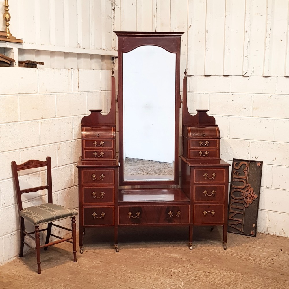 ANTIQUE LARGE EDWARDIAN INLAID MAHOGANY DRESSING TABLE C1900