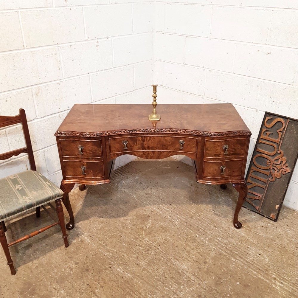 ANTIQUE BURR WALNUT SERPENTINE SHAPED DESK C1920