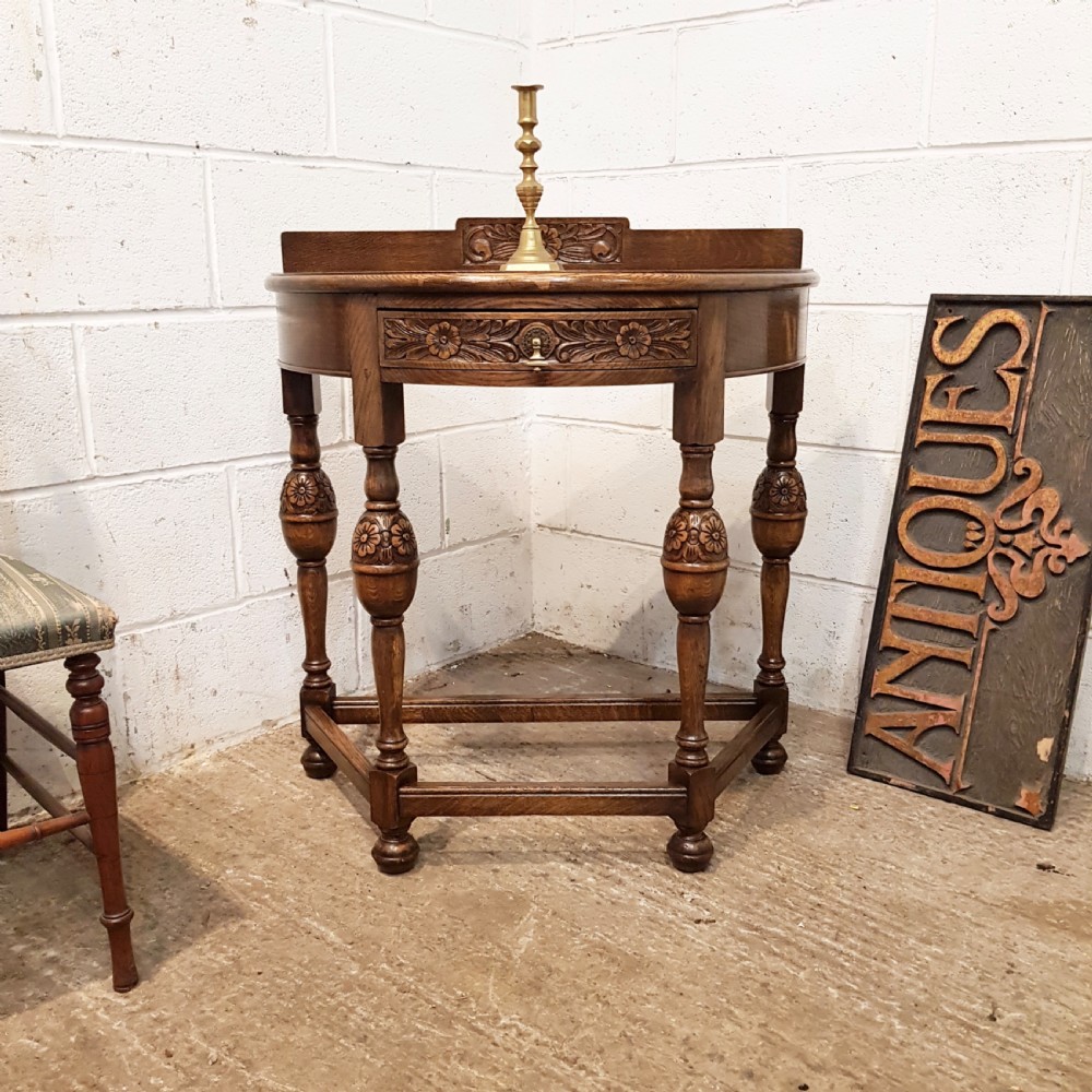 ANTIQUE CARVED OAK MAPLES DEMI LUNE SIDE TABLE C1920