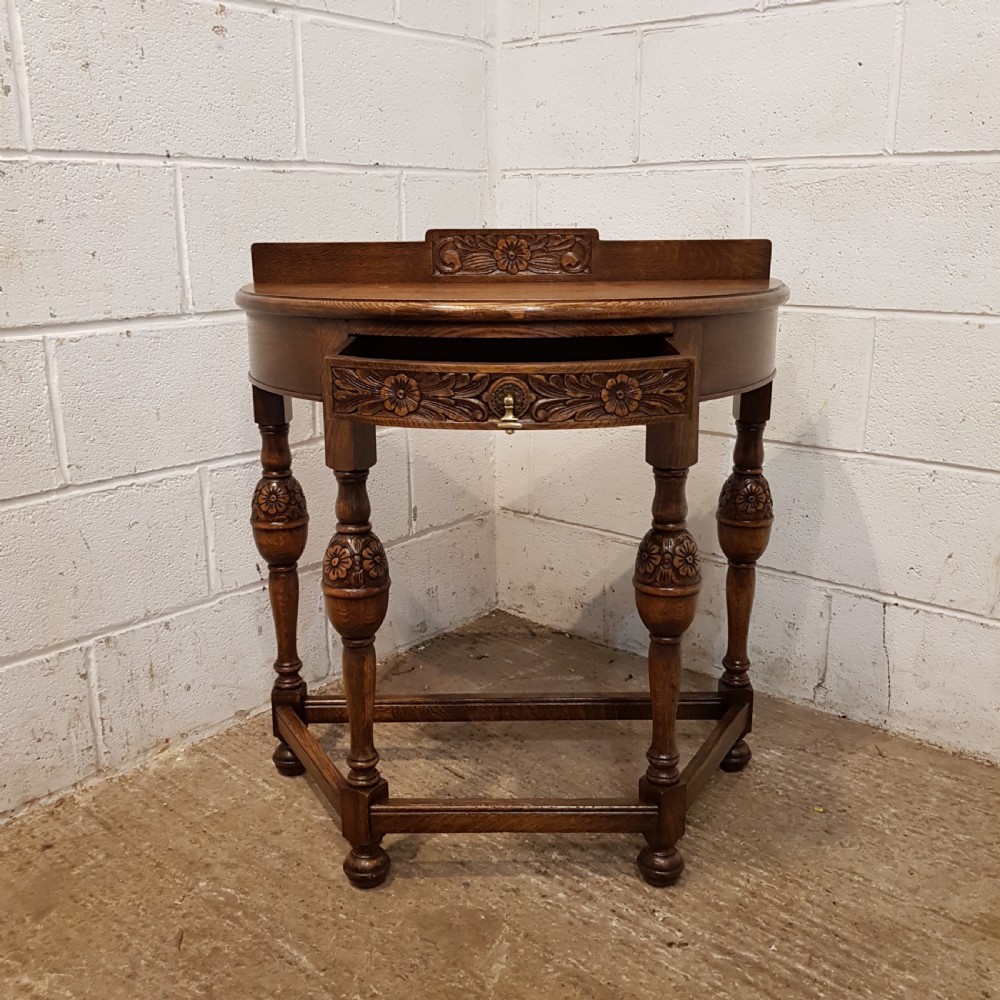 ANTIQUE CARVED OAK MAPLES DEMI LUNE SIDE TABLE C1920 View V