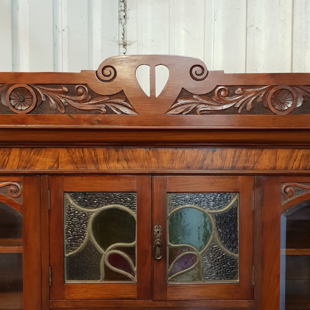 ANTIQUE TALL ART NOUVEAU MAHOGANY AND WALNUT SIDEBOARD C1890 View II