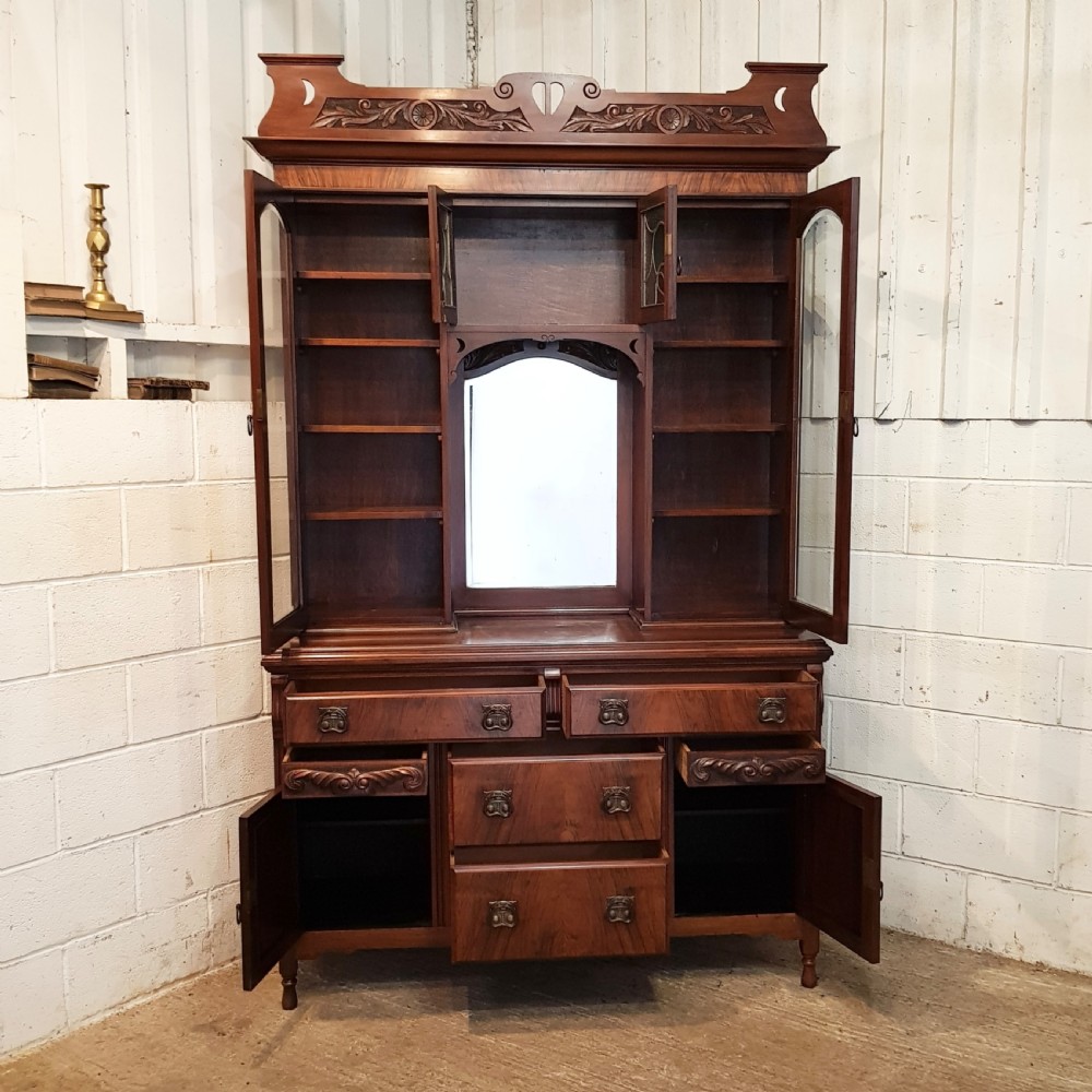 ANTIQUE TALL ART NOUVEAU MAHOGANY AND WALNUT SIDEBOARD C1890 View IV