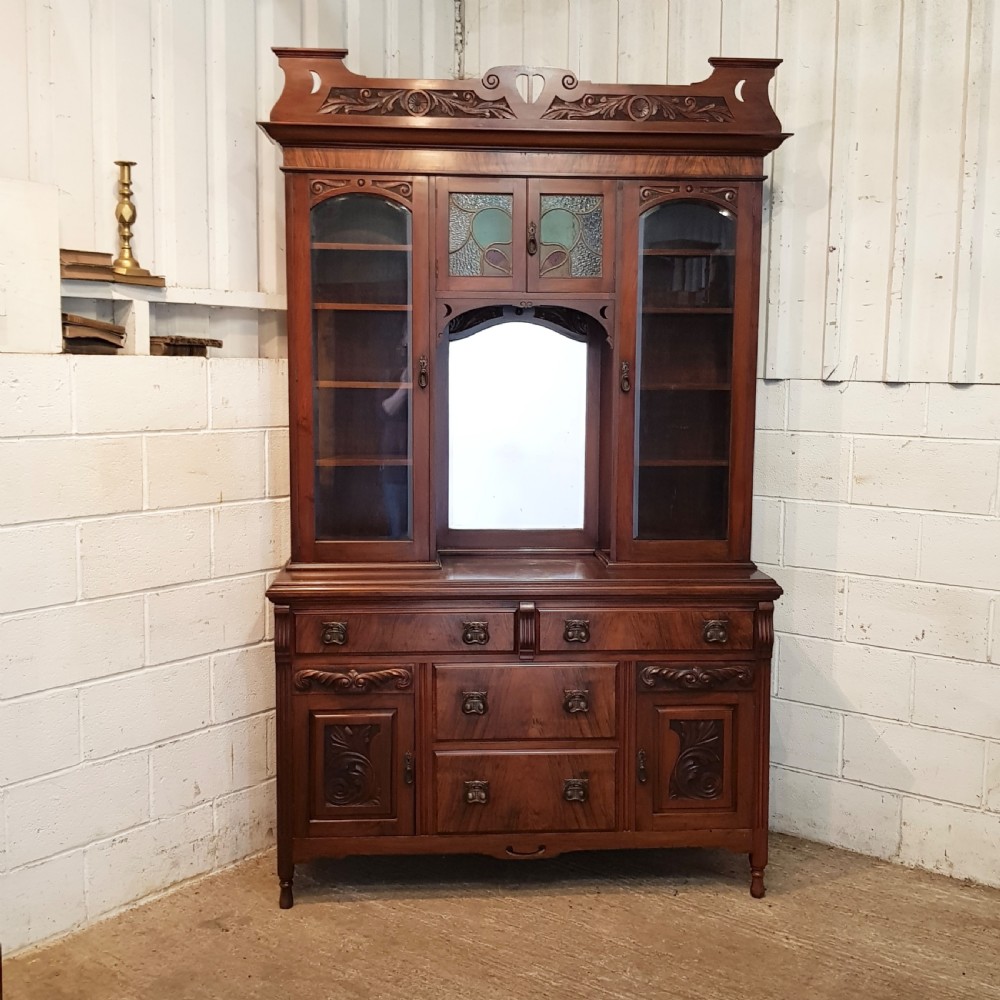 ANTIQUE TALL ART NOUVEAU MAHOGANY AND WALNUT SIDEBOARD C1890 View VIII