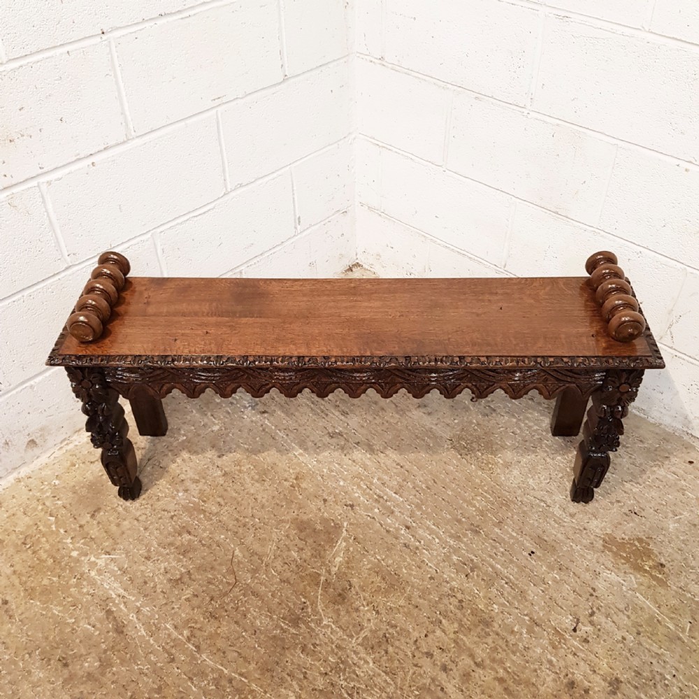 ANTIQUE VICTORIAN CARVED OAK HALL BENCH C1880 View II