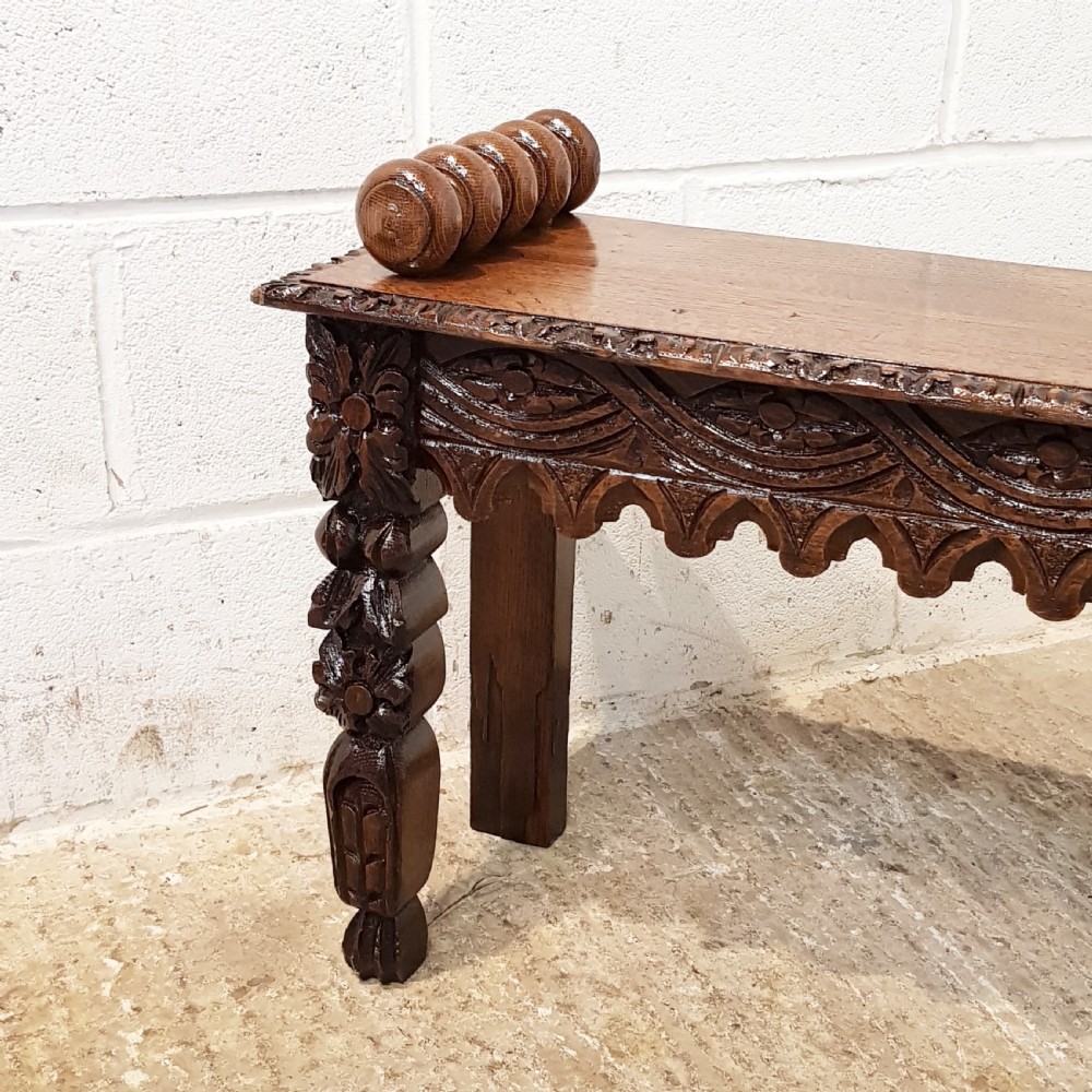 ANTIQUE VICTORIAN CARVED OAK HALL BENCH C1880 View III