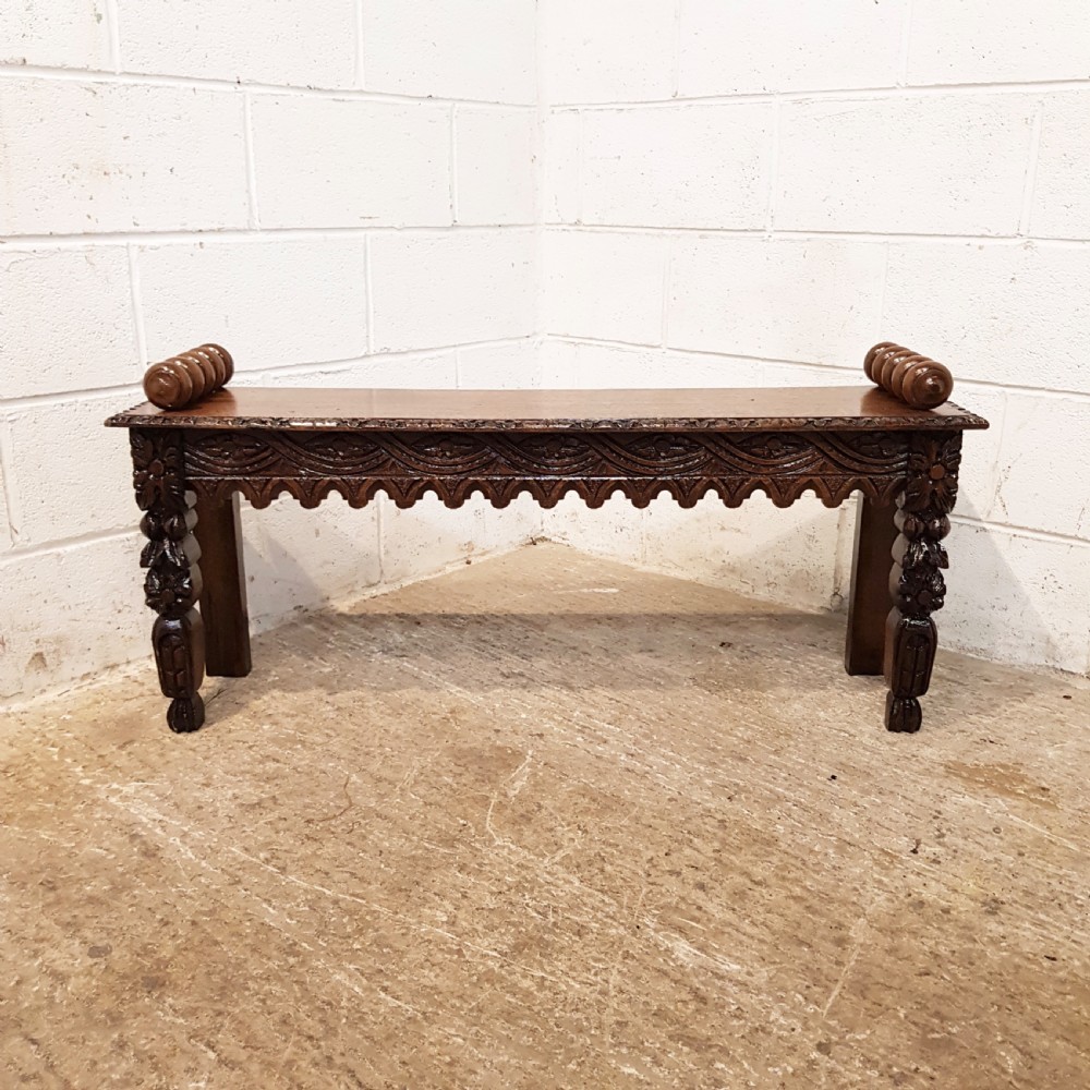 ANTIQUE VICTORIAN CARVED OAK HALL BENCH C1880 View V