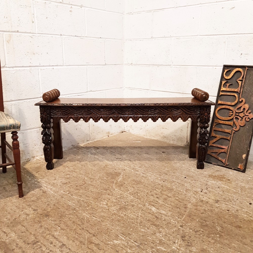 ANTIQUE VICTORIAN CARVED OAK HALL BENCH C1880 View VII