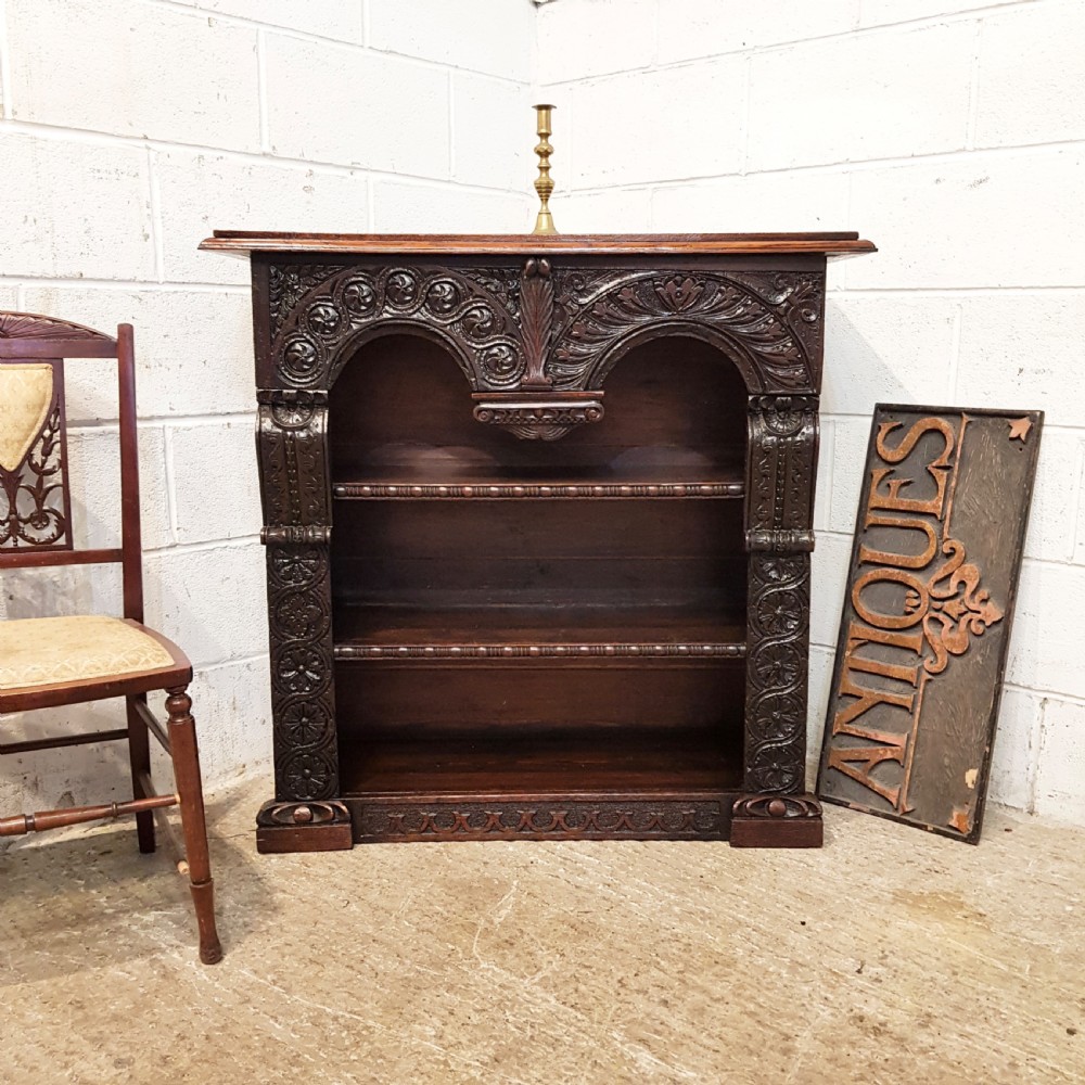 ANTIQUE VICTORIAN CARVED GOTHIC OAK OPEN BOOKCASE C1880
