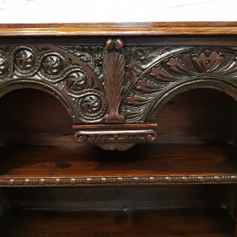 ANTIQUE VICTORIAN CARVED GOTHIC OAK OPEN BOOKCASE C1880 View II