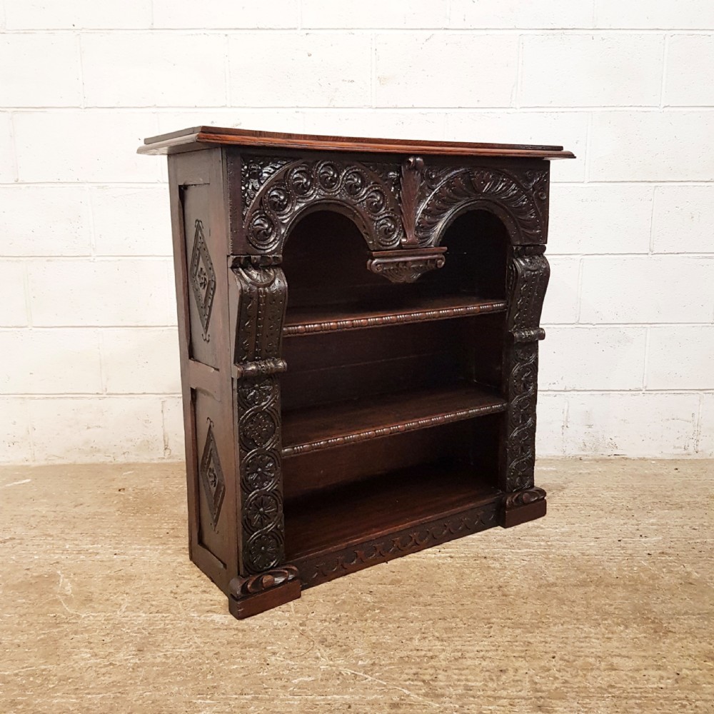 ANTIQUE VICTORIAN CARVED GOTHIC OAK OPEN BOOKCASE C1880 View IV