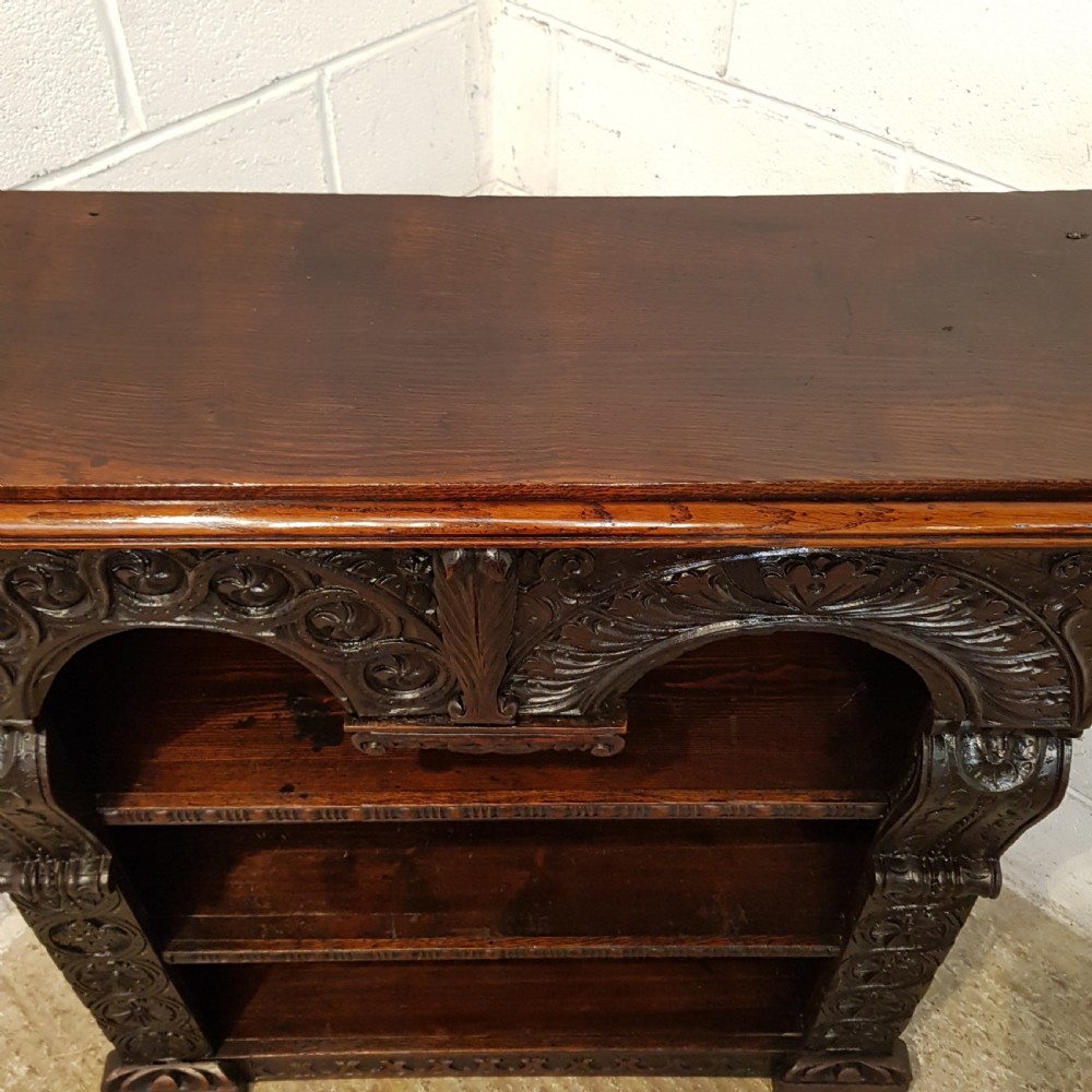 ANTIQUE VICTORIAN CARVED GOTHIC OAK OPEN BOOKCASE C1880 View VI