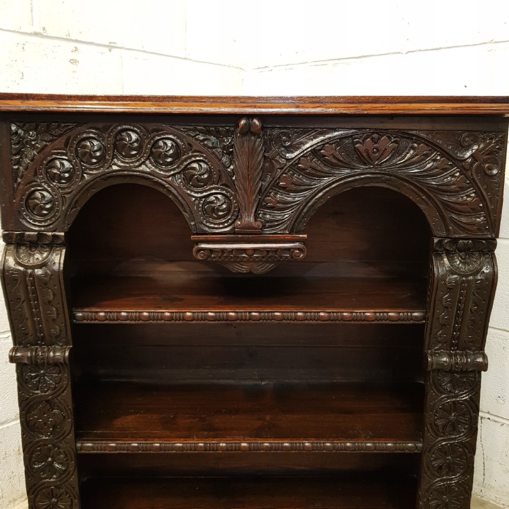 ANTIQUE VICTORIAN CARVED GOTHIC OAK OPEN BOOKCASE C1880 View VII
