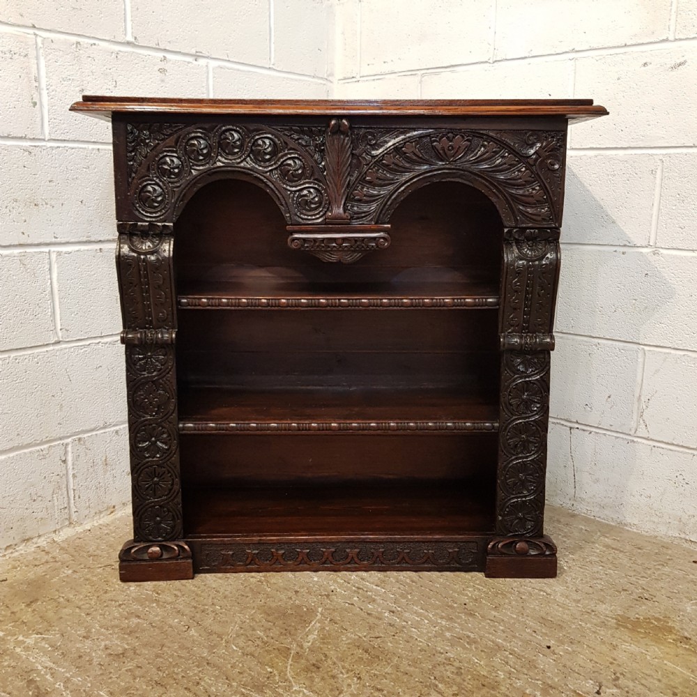 ANTIQUE VICTORIAN CARVED GOTHIC OAK OPEN BOOKCASE C1880 View IX