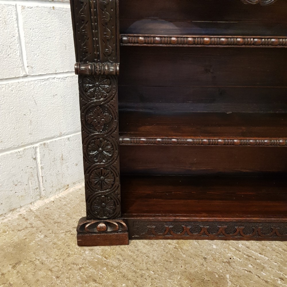 ANTIQUE VICTORIAN CARVED GOTHIC OAK OPEN BOOKCASE C1880 View X