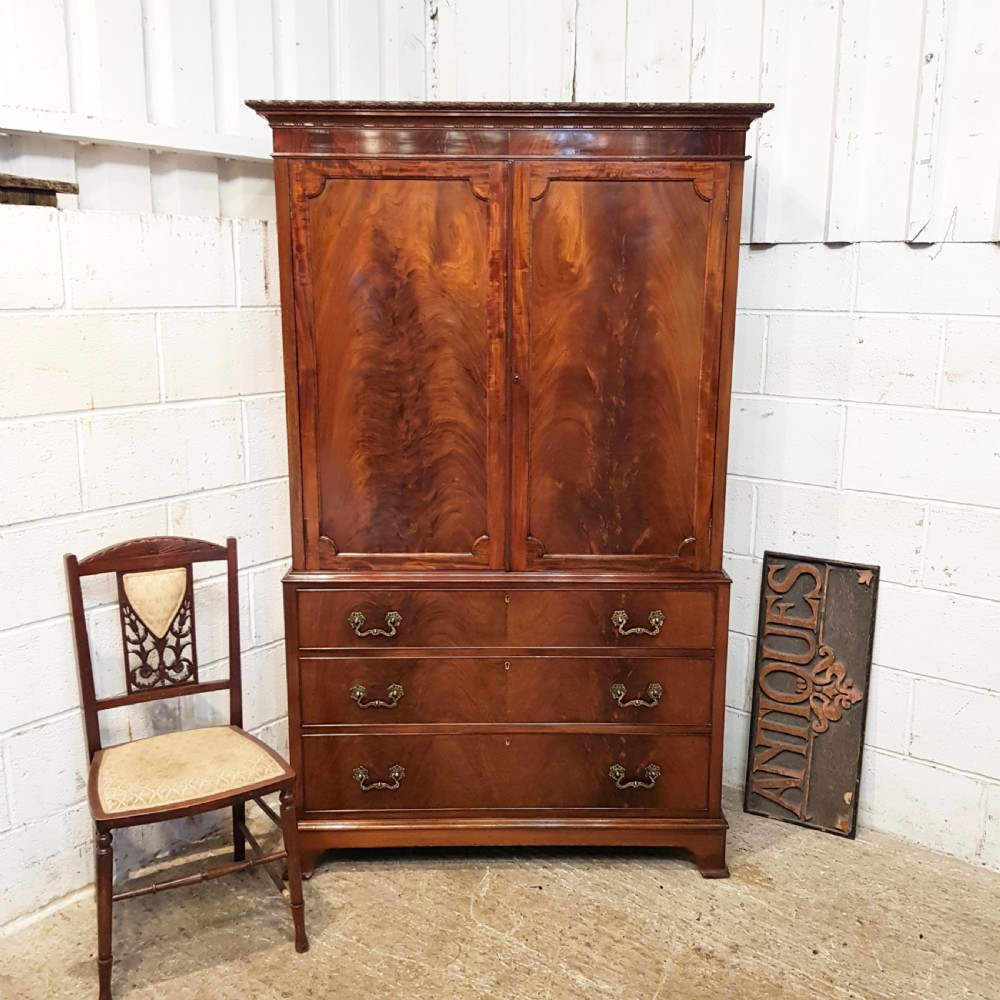 ANTIQUE EDWARDIAN FLAMED MAHOGANY CLOTHES PRESS BY DENBY & SPINKS C1900
