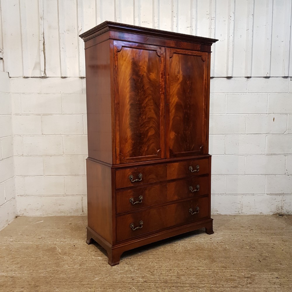 ANTIQUE EDWARDIAN FLAMED MAHOGANY CLOTHES PRESS BY DENBY & SPINKS C1900 View II