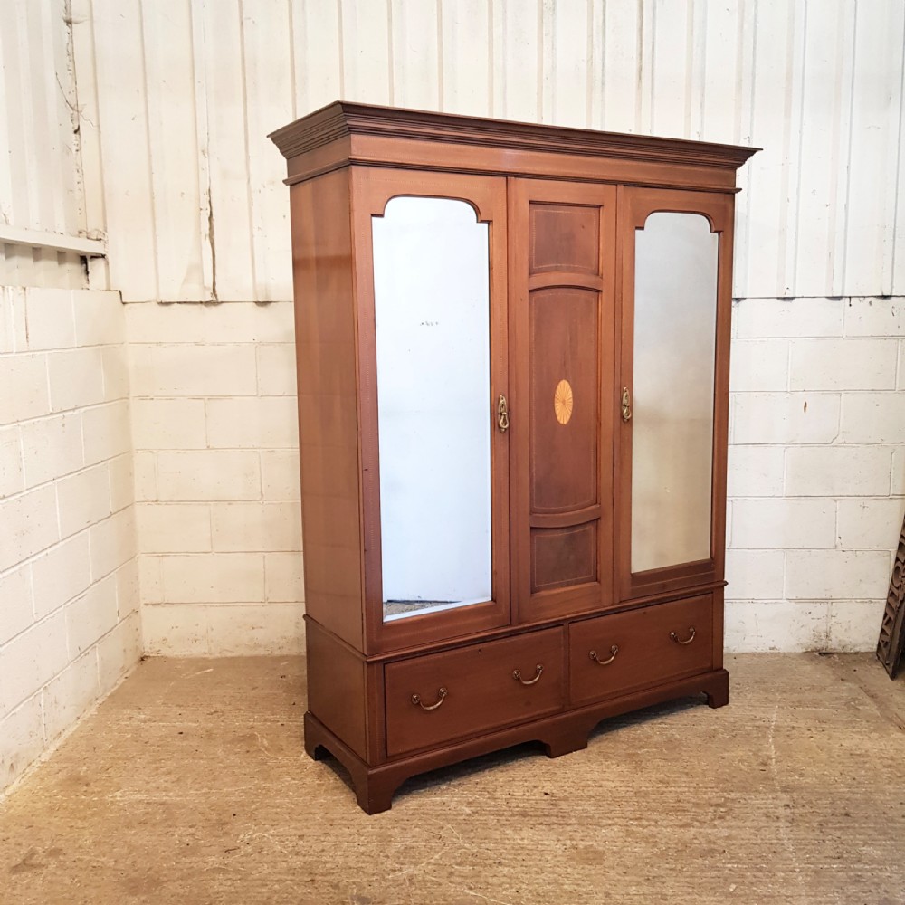 ANTIQUE EDWARDIAN INLAID MAHOGANY TRIPLE WARDROBE 1900 View II