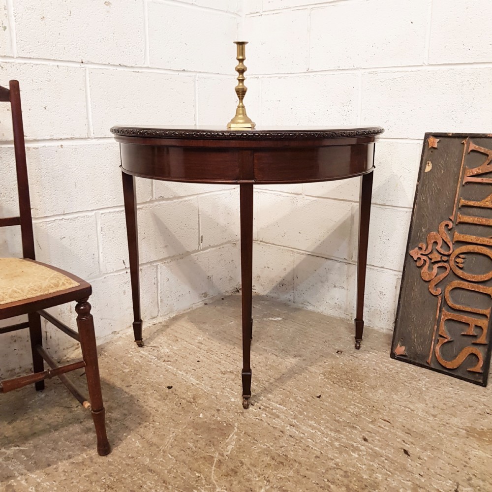 ANTIQUE EDWARDIAN MAHOGANY DEMI LUNE FOLD OVER GAMES TABLE C1900