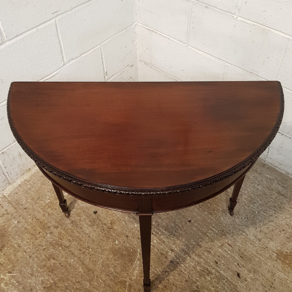 ANTIQUE EDWARDIAN MAHOGANY DEMI LUNE FOLD OVER GAMES TABLE C1900 View III