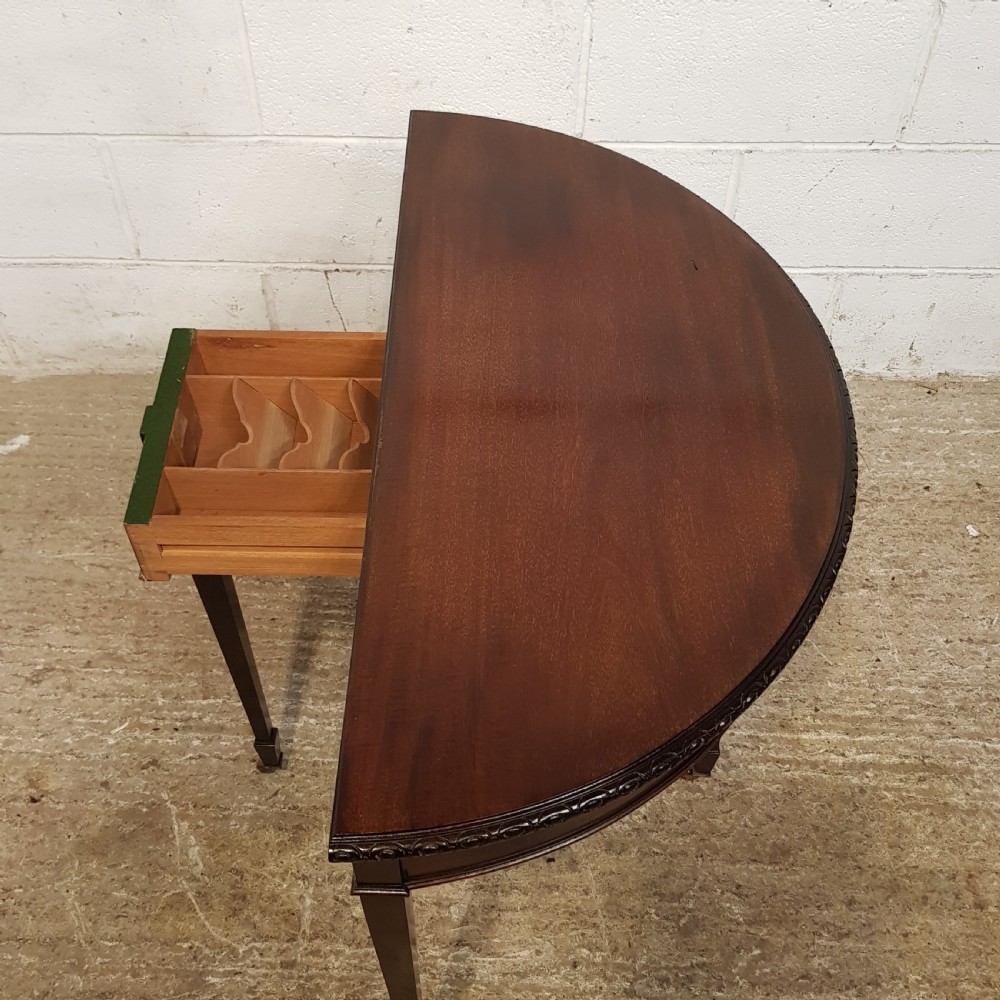 ANTIQUE EDWARDIAN MAHOGANY DEMI LUNE FOLD OVER GAMES TABLE C1900 View IV