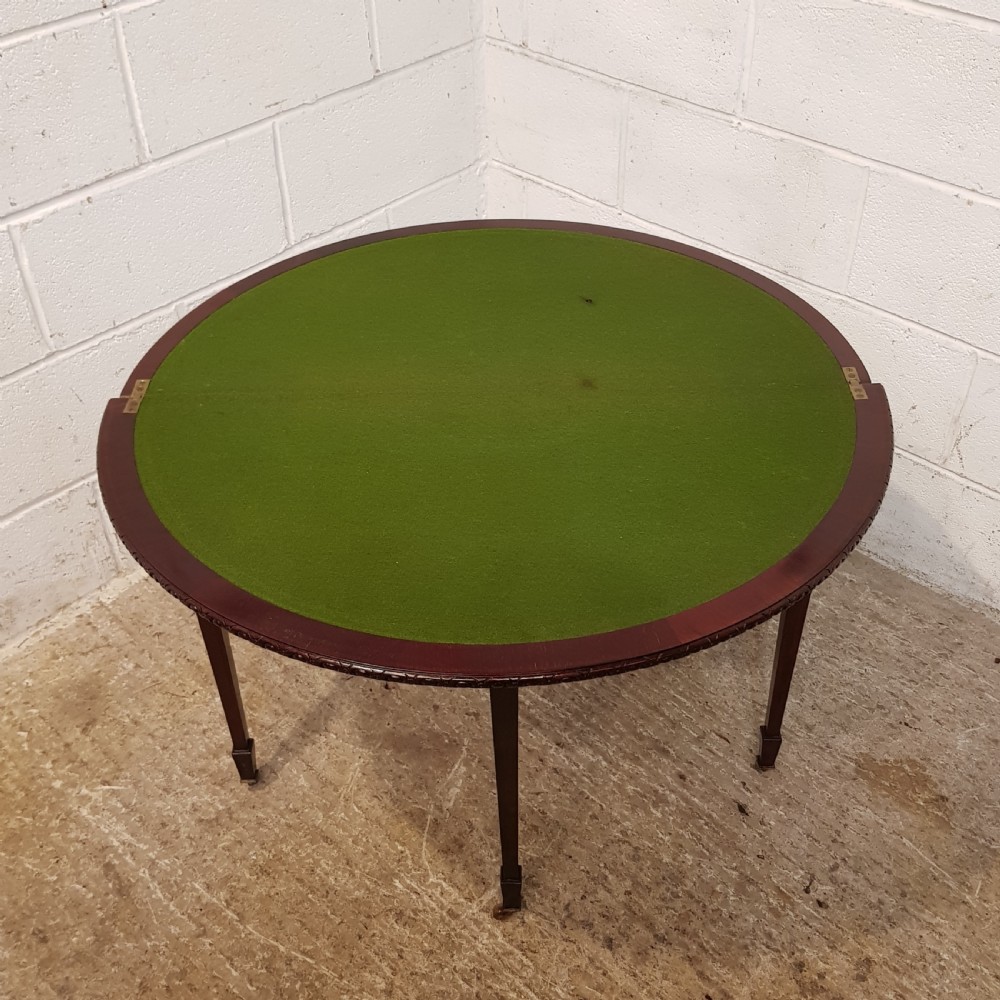 ANTIQUE EDWARDIAN MAHOGANY DEMI LUNE FOLD OVER GAMES TABLE C1900 View V