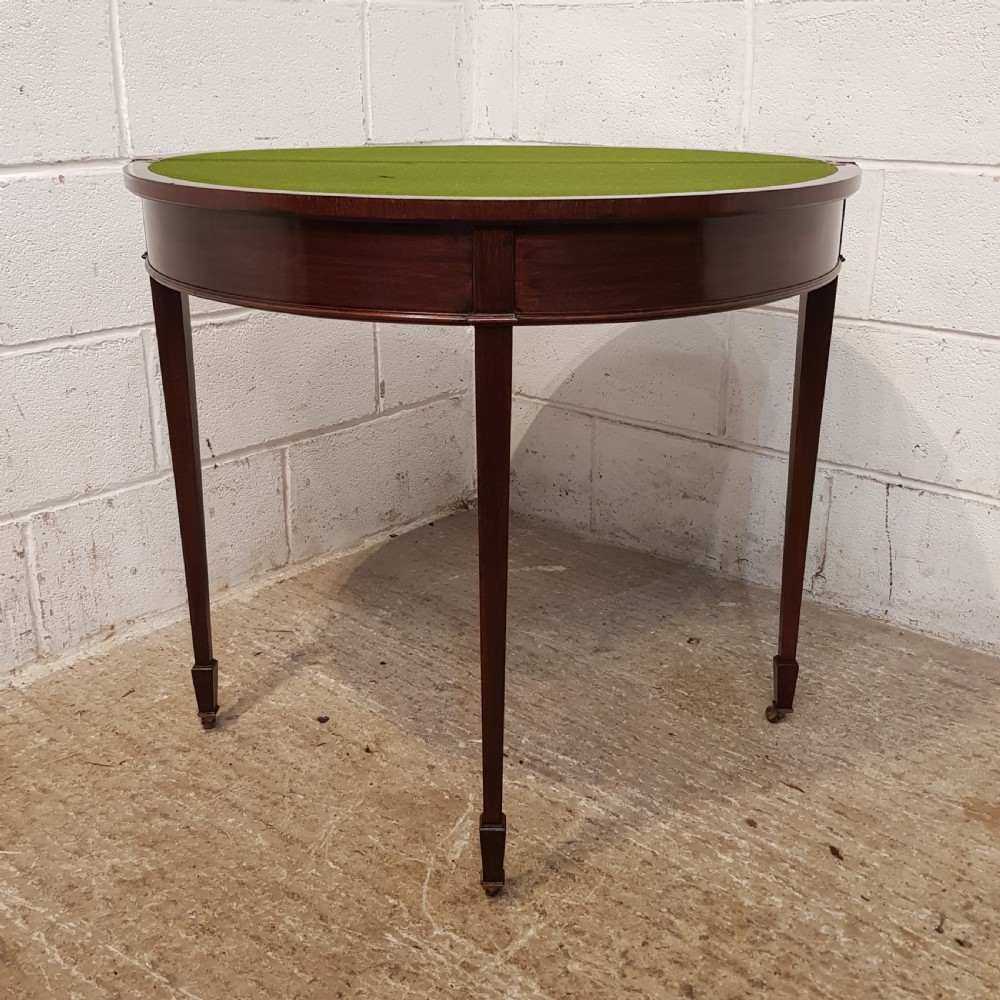 ANTIQUE EDWARDIAN MAHOGANY DEMI LUNE FOLD OVER GAMES TABLE C1900 View VIII