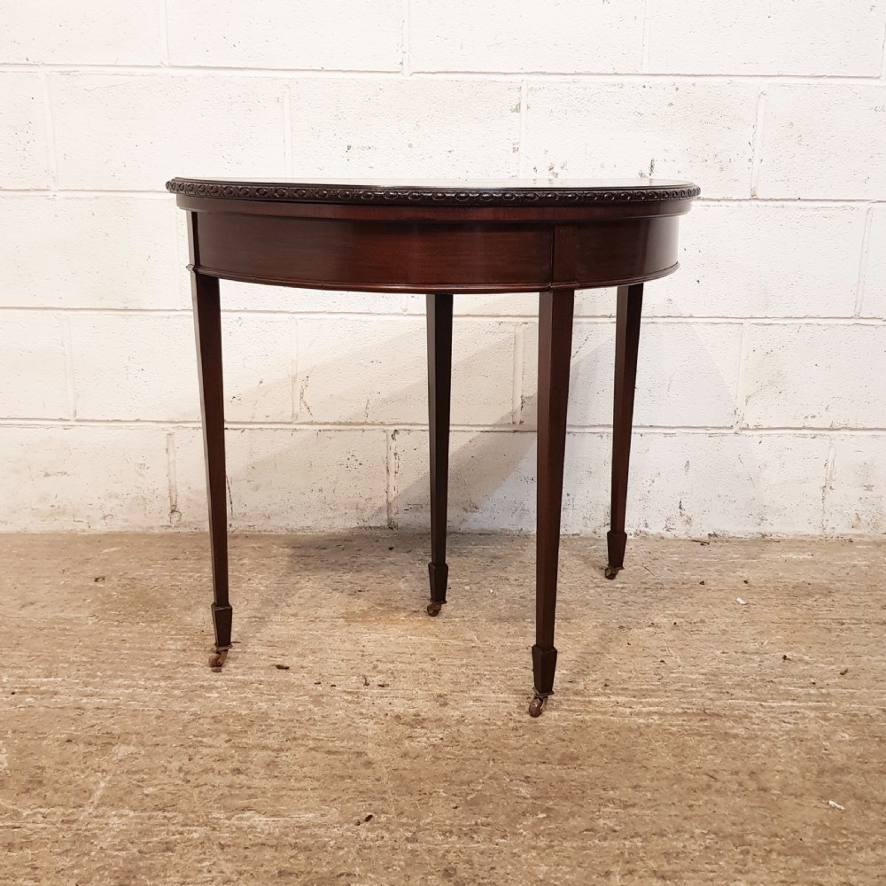 ANTIQUE EDWARDIAN MAHOGANY DEMI LUNE FOLD OVER GAMES TABLE C1900 View IX