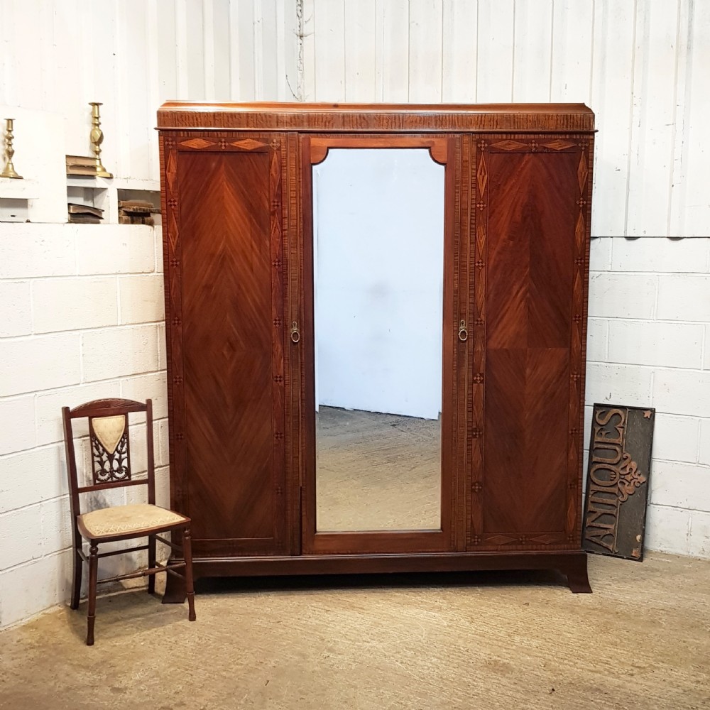 ANTIQUE EDWARDIAN INLAID MAHOGANY TRIPLE WARDROBE C1900