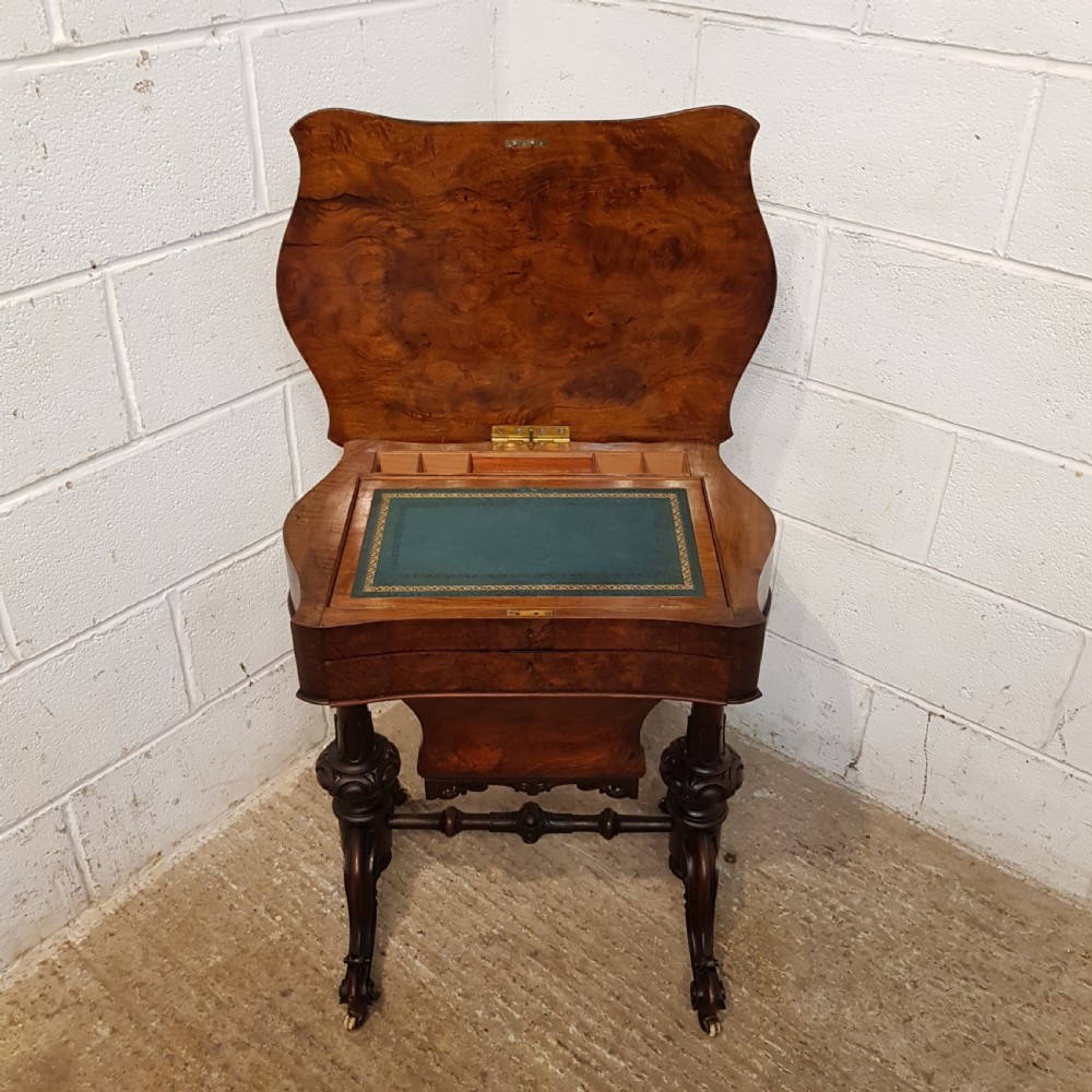 ANTIQUE VICTORIAN BURR WALNUT WORK TABLE WITH WRITING SLOPE C1880 View II