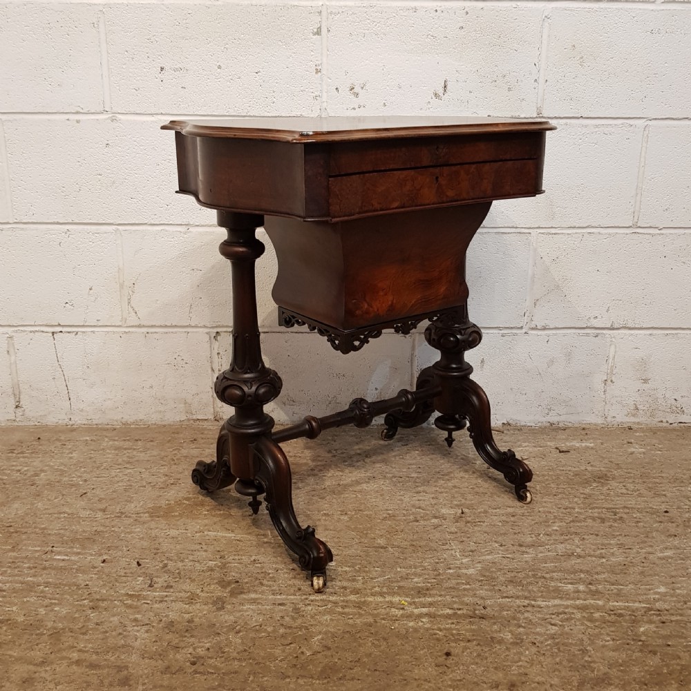 ANTIQUE VICTORIAN BURR WALNUT WORK TABLE WITH WRITING SLOPE C1880 View V