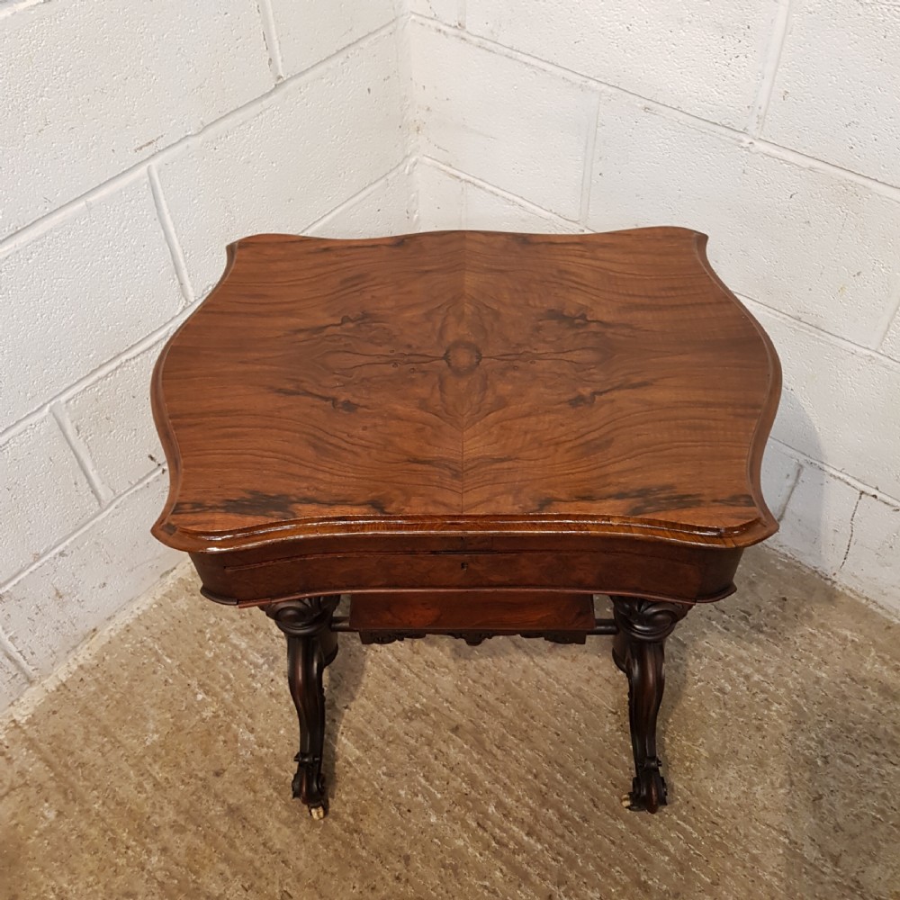 ANTIQUE VICTORIAN BURR WALNUT WORK TABLE WITH WRITING SLOPE C1880 View VII