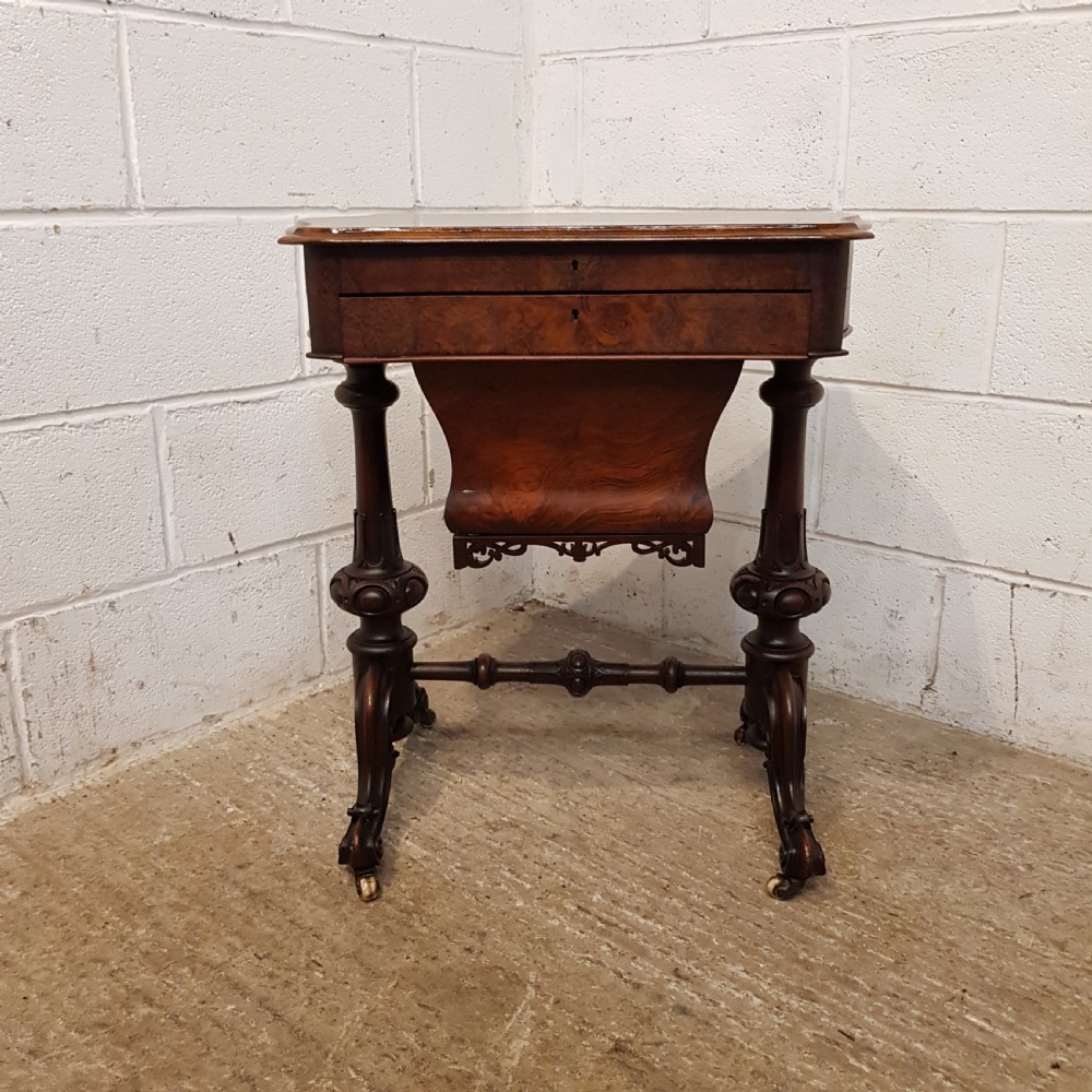 ANTIQUE VICTORIAN BURR WALNUT WORK TABLE WITH WRITING SLOPE C1880 View VIII