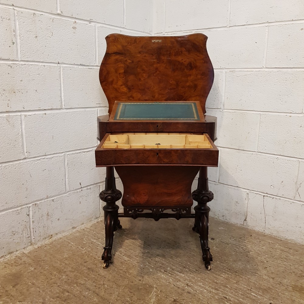 ANTIQUE VICTORIAN BURR WALNUT WORK TABLE WITH WRITING SLOPE C1880 View IX