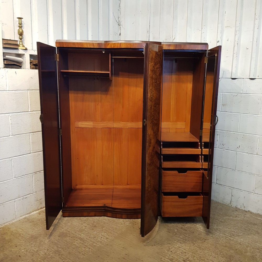 ANTIQUE BURR WALNUT SERPENTINE SHAPED TRIPLE WARDROBE C1920 View IV