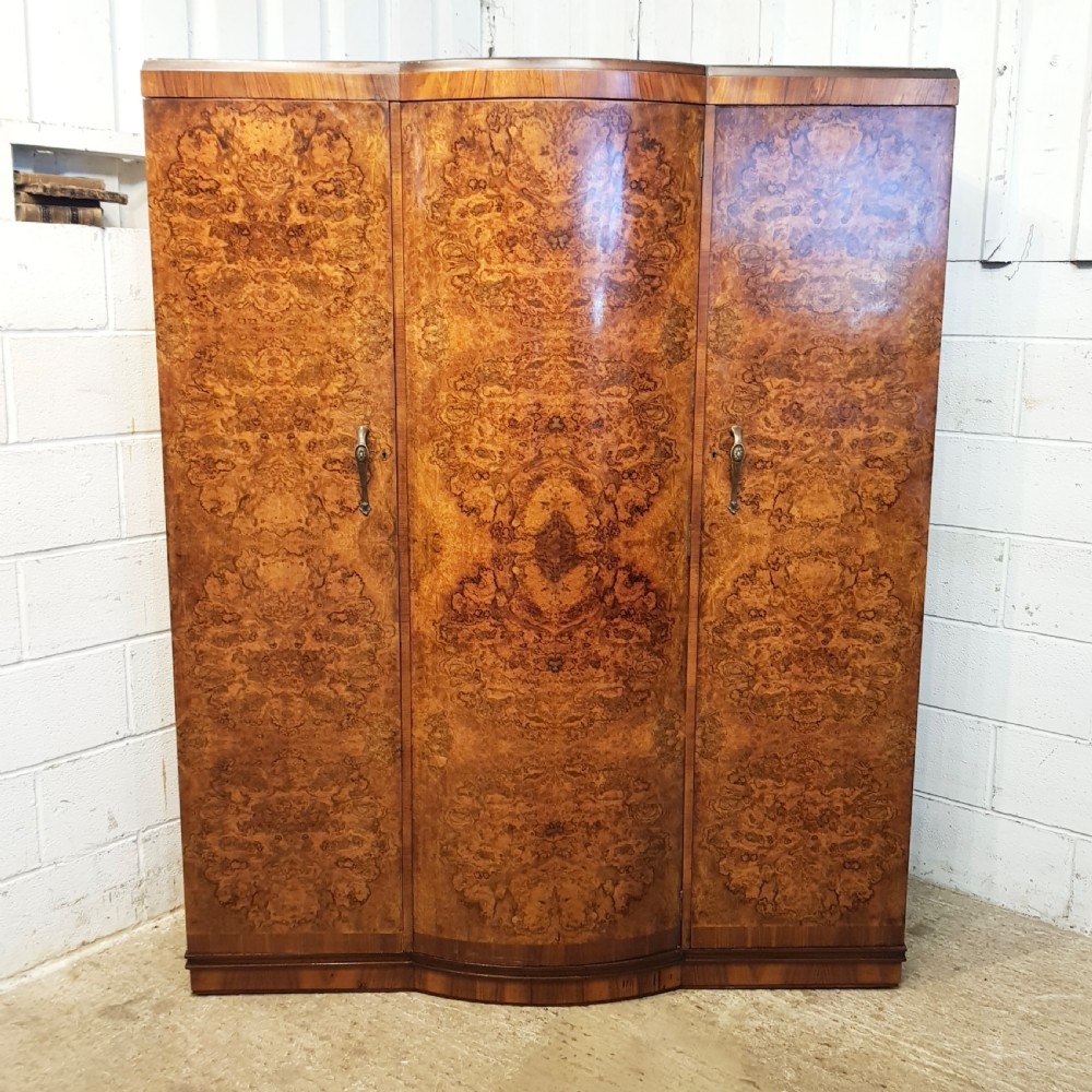 ANTIQUE BURR WALNUT SERPENTINE SHAPED TRIPLE WARDROBE C1920 View IX